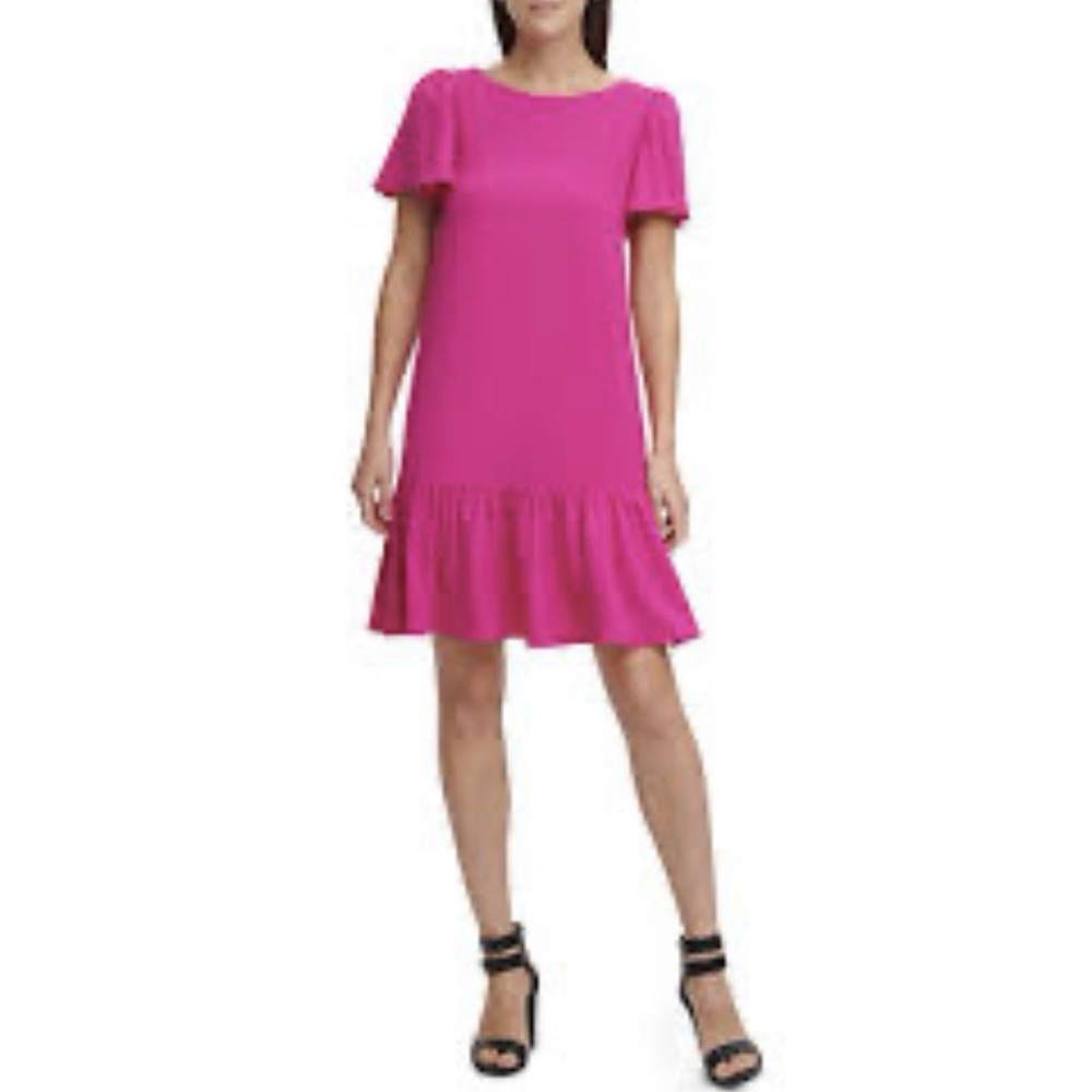 DKNY Dress Womens 12 Pink Flutter-Detail Ruffle Hem Trapeze Shift Back Zip Party